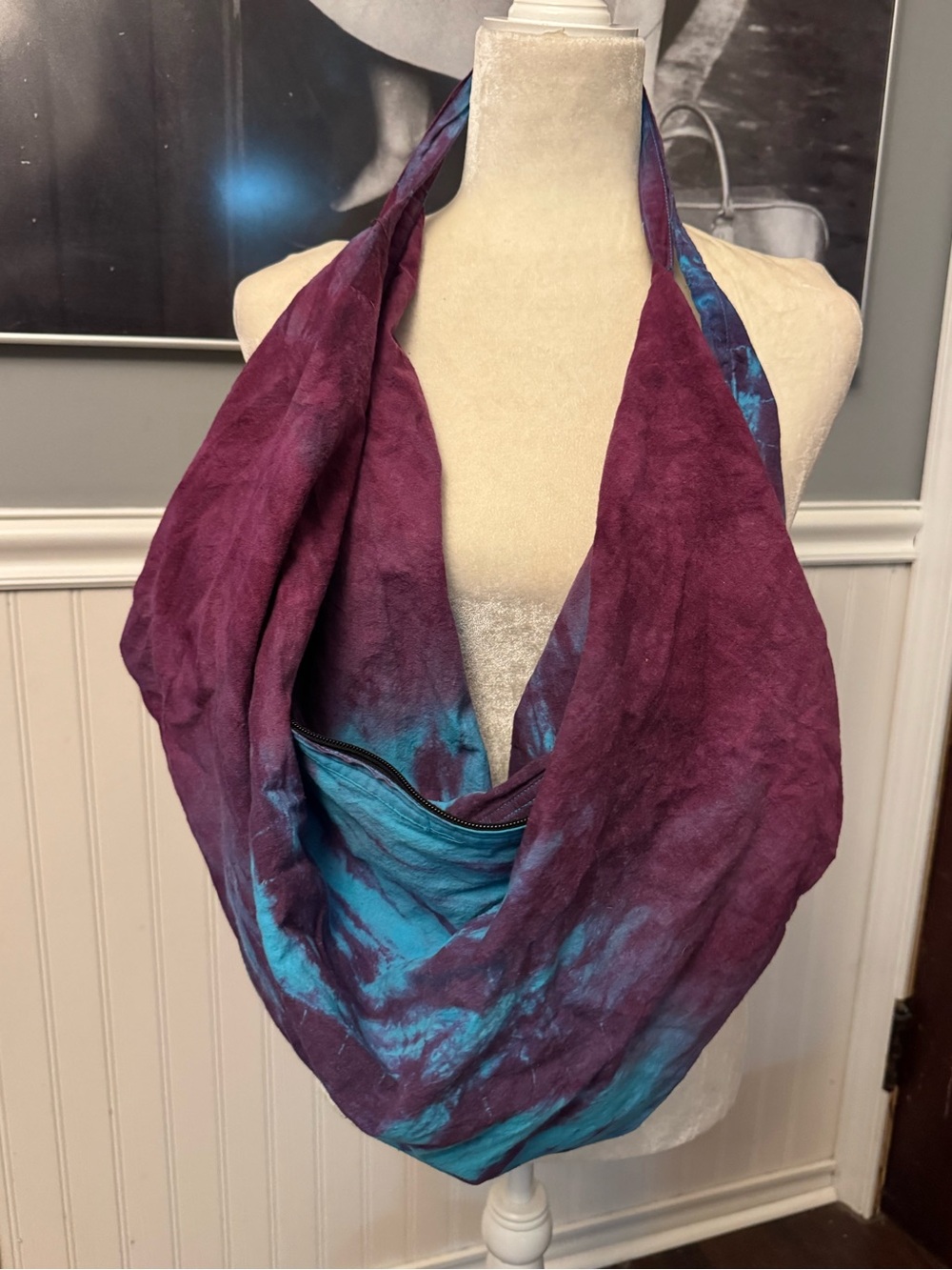 Tie Dye Slouchy Bag Purple Blue Boho Festival Roomy Zippered 100% Rayon